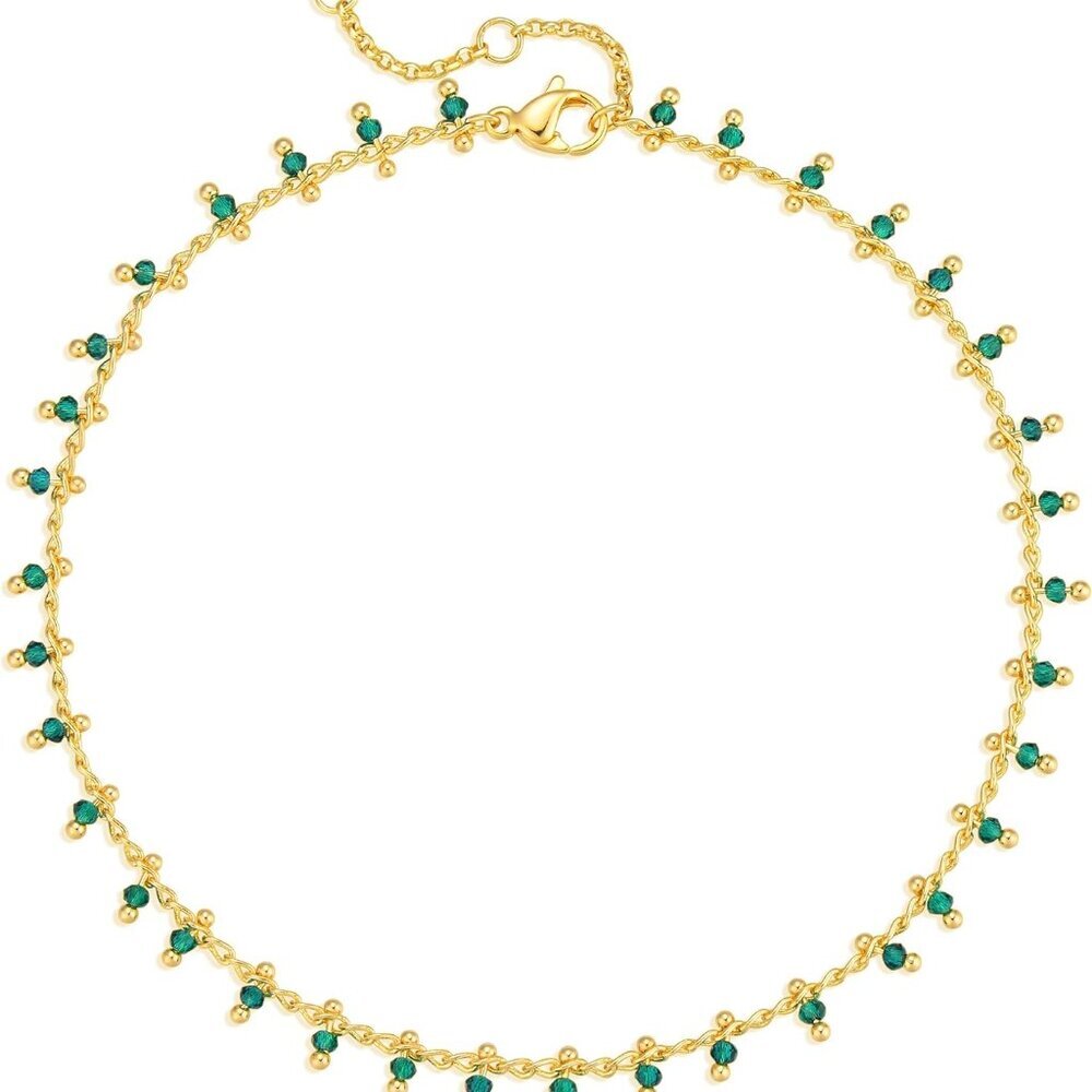 Gold Plated Anklets for Women - 14K Gold, Green Rose Colorful Cubic Zirconia Tas